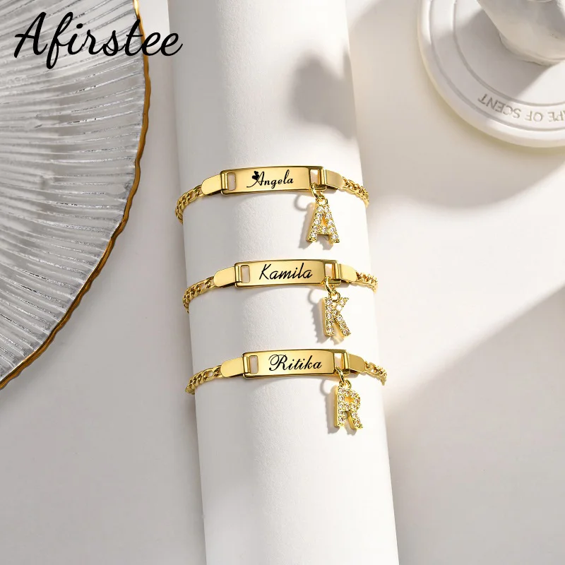 

New Arrivals Stainless Steel Engraved Name Bracelet with 26 English Letters Rhinestones Pendant For Kids Women Birthday Gifts
