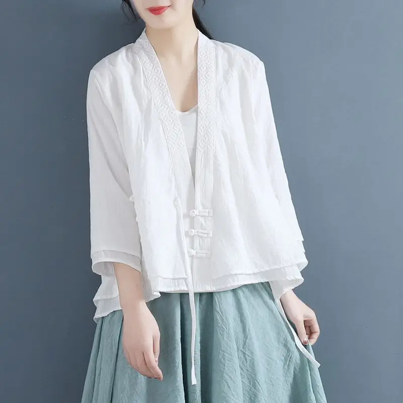 Ethnic Style Tang Style Summer New Item Button Embroidered Shirt for Women Solid Color Patchwork Cardigan Top for Women