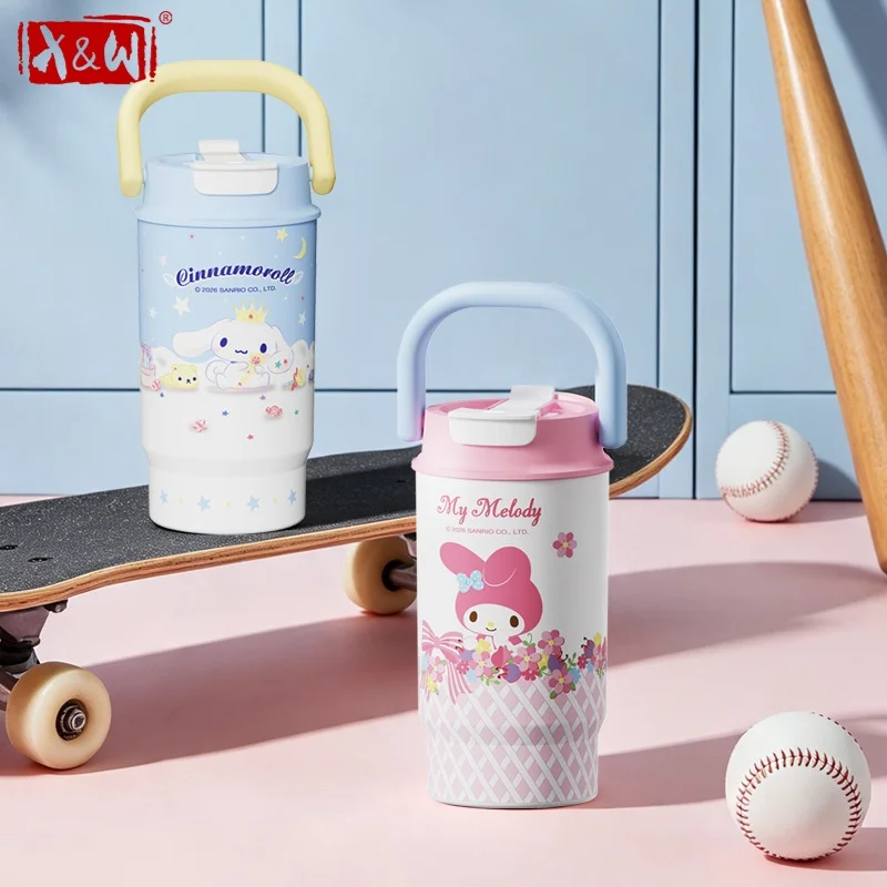 X&W Sanrio Hello Kitty Cartoon Insulated Cup SUS316 Handheld Straw Thermos Portable Travel Water Bottle Coffee Mug for Girl Gift