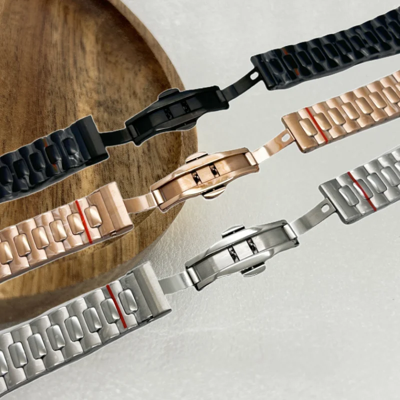 GMOGAR حزام ساعة سوداء 25 مللي متر * 13 مللي متر حزام (استيك) ساعة ل باتك Phlpe نوتيلوس 5711 5712/1A010 محدب الصلب حزام الساعات حزام ناقل من الفولاذ لا شعار