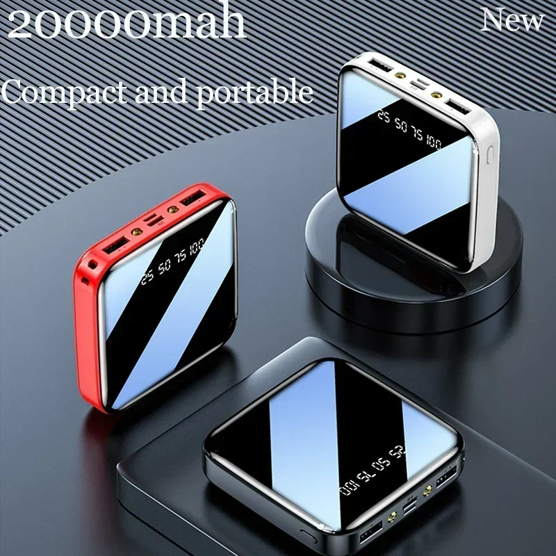 20000mAh  Mini Power Bank Portable Charger with Four Cables Mirror Screen LED Digital Display External Battery Pack Poverbank