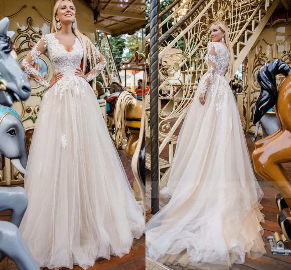 Robe de mariée en Tulle, coupe A-line, manches longues, col en v, grande taille, avec Appliques en dentelle