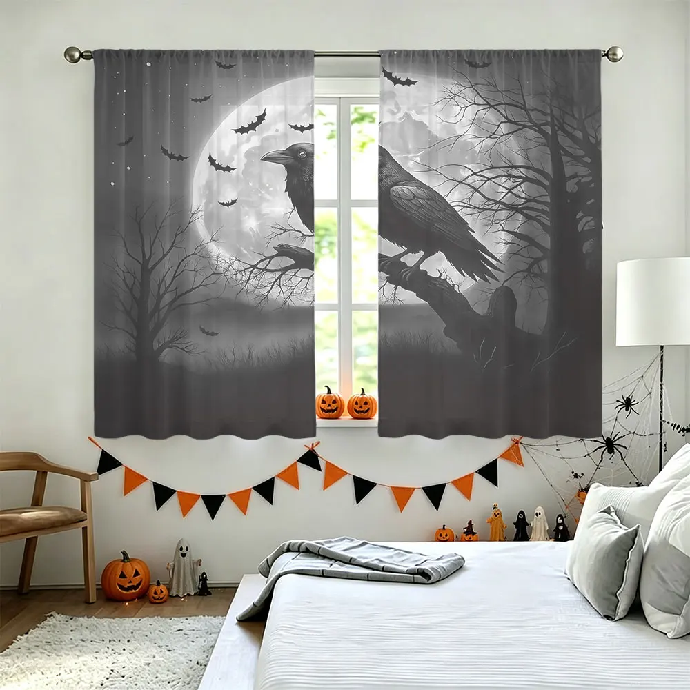 90G Rod Pocket Curtains 2 Panels, Raven Full Moon Tree Cemetery Print Drapes, Gothic Halloween Curtains for Bedroom Living Ro