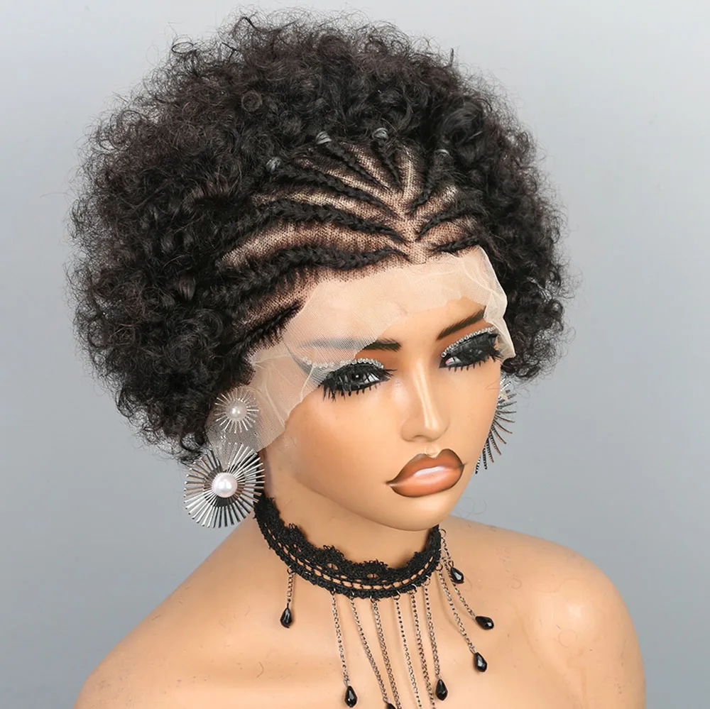 13x4 Lace Front Braided Wig for Black Women Human Hair Afro Puff Lace Frontal Hair Wigs Afro Kinky Curly Human Hair Pre Braided