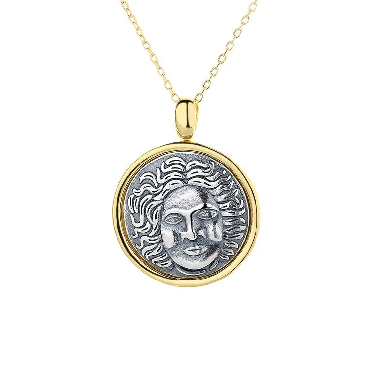 

N6 ZFSILVER 925 Sterling Silver Fashion Trendy Sun Portrait Retro Gold Ancient Coins Necklaces Women Party Wedding Chram Jewelry