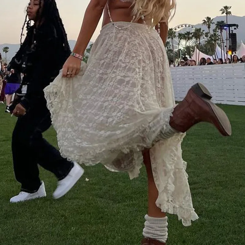 Retro American Lace Uneven Hem Pure Color  Skirt Thin Summer Long Skirt Girl Sle Sweet And Spicy Scene Irregular Skirt