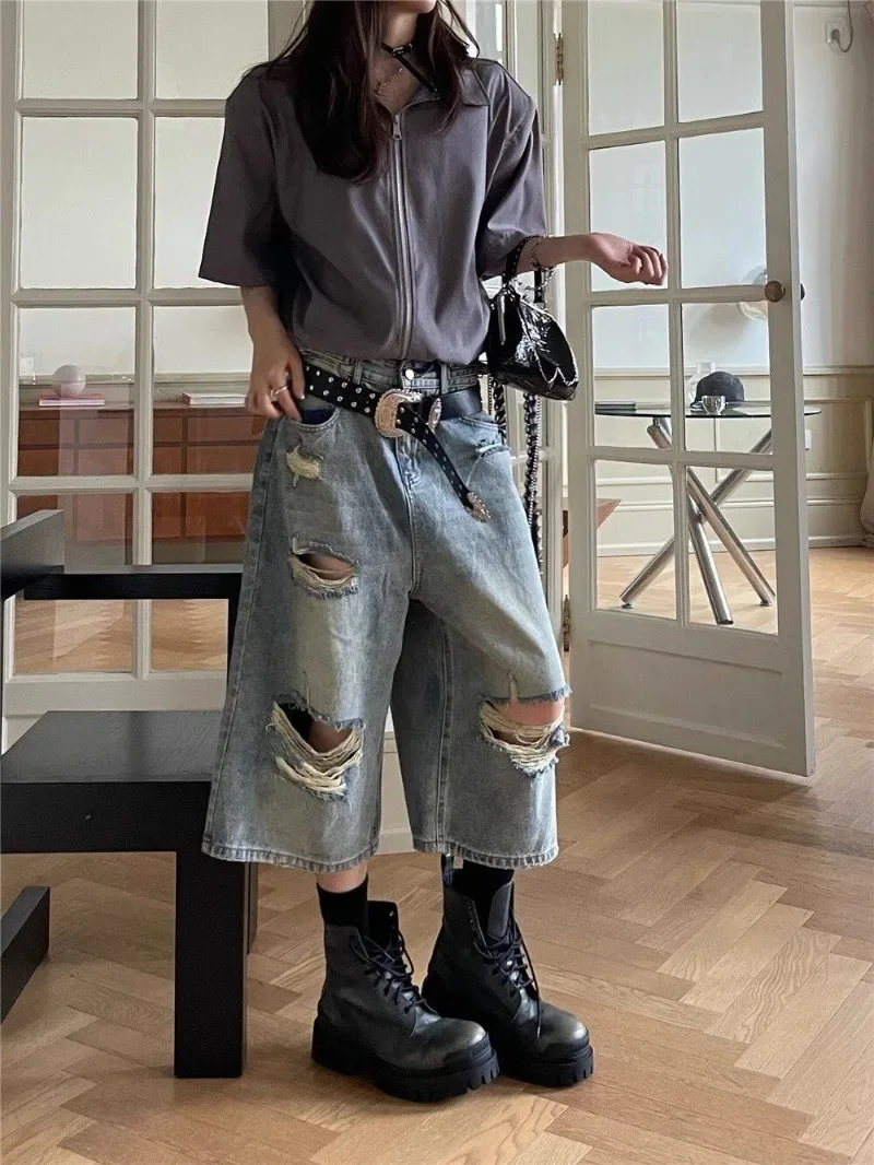 High Waist Vintage Hole Jeans Women American Hiphop Straight Denim Y2k Shorts Hollow Out Wide Leg Washed Calf-Length Loose