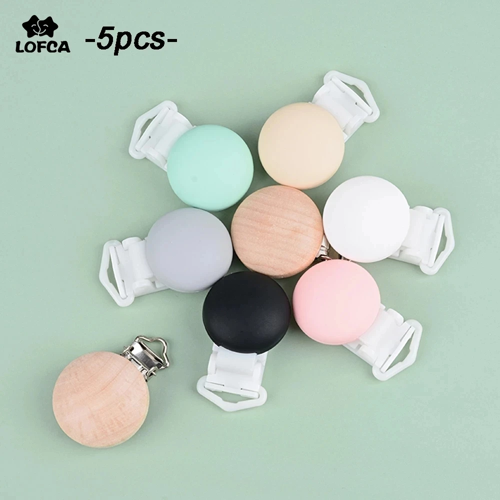 LOFCA 5pcs/lot Baby Wooden Pacifier Clip Making DIY Silicone Beads Pacifiers Chain Accessory Infant Soother Clasps