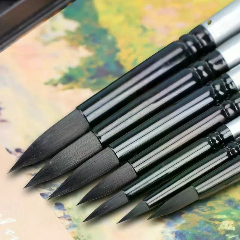 

7Pcs Art Brush Set Round/Pointed Tips For Gouache/H2O | Beginner Artist Kit W/Wood Handle (No Shed)