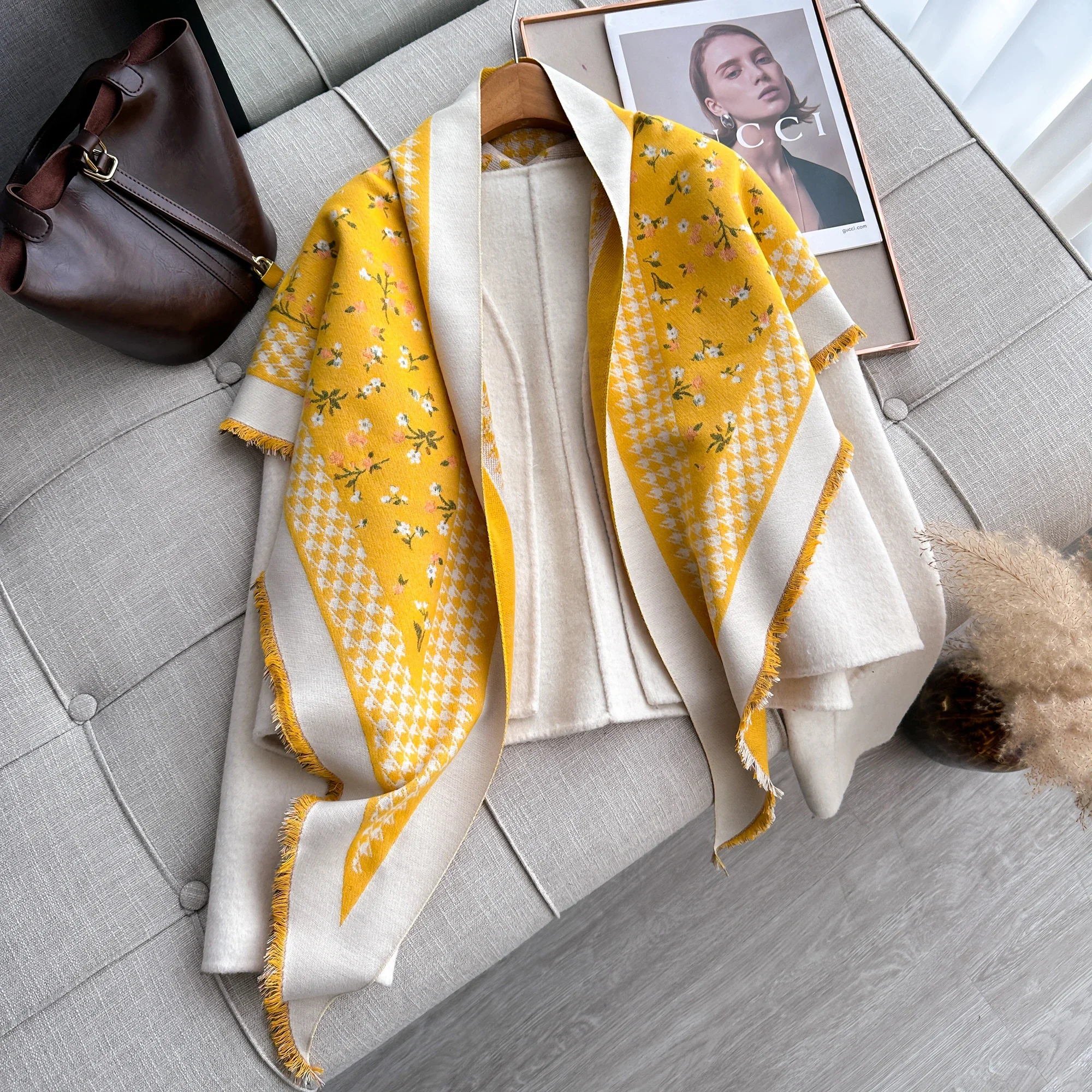 Abrigo de Cachemira tejido para mujer, Poncho triangular de diseñador, capa, cárdigan con frente abierto, chal envolvente, Ponchos para mujer para primavera y otoño