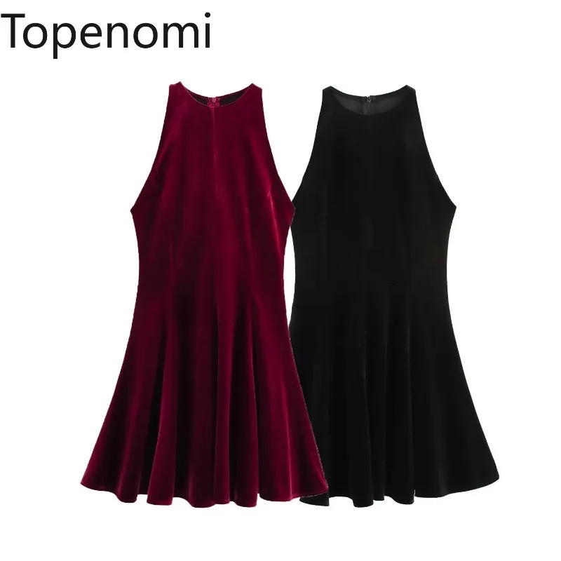 Topenomi Velvet Pleated Mini Dress Women 2025 Fashion O Neck Sleeveless Slim A Line Party Club Dresses Back Zipper Chic Vestidos