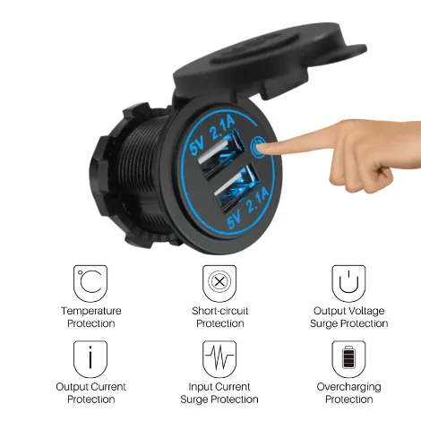 12-24V 5V 4.2A USB Car Charger Dual Auto USB Charger Socket Charger Outlet with Touch Switch for Truck Boat ATV Motorcycle
