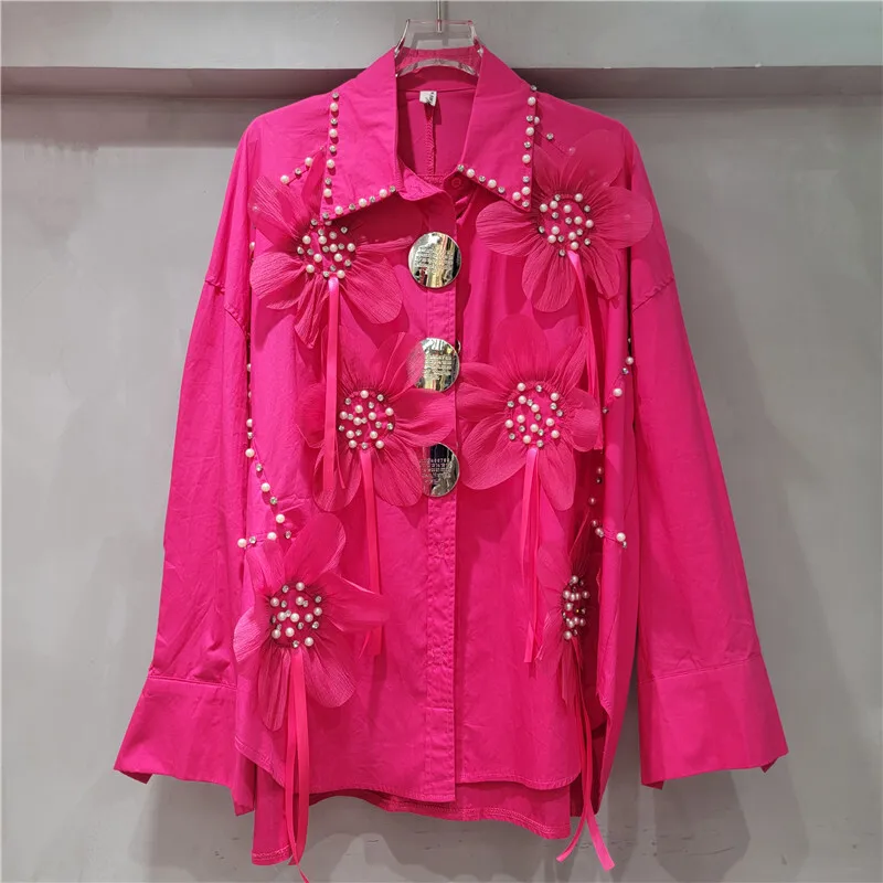 DEAT Women's Blouse Rose Pink 3d Flowers Metal Buttons Embroidered Flares Loose Causal Shirt 2025 New Fashion Spring 29L8886