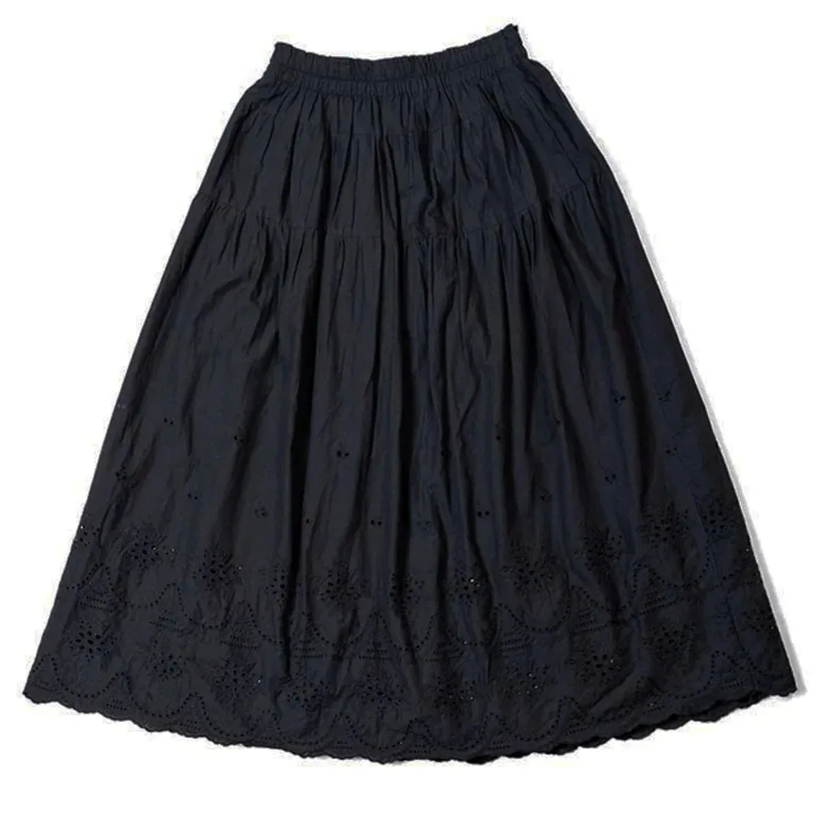 الأدبية الصيف القطن تنورة عالية الخصر المرأة مرونة الخصر فارغة Cutwork الدانتيل في طويل الأبيض الجنية الصغيرة الطازجة نصف تنورة #5