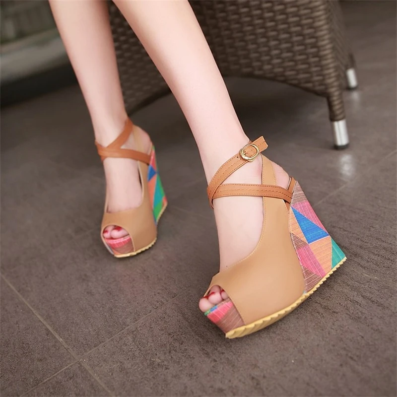 2024 New Women High-heeled Sandals Boho Wedge Mixed Color Peep Toe High Heels Beach Shoes Drees Shoes Ankle Tie Muller Shoes