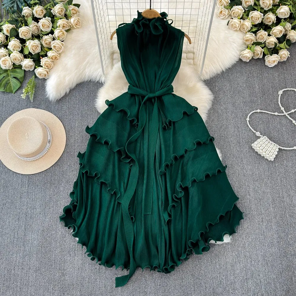 Summer Holiday Miyake Pleated Dress Women\'s Stand Collar Lace Up Sleeveless Elastic Oversized Ruffles Boho Robe Loose Vestidos