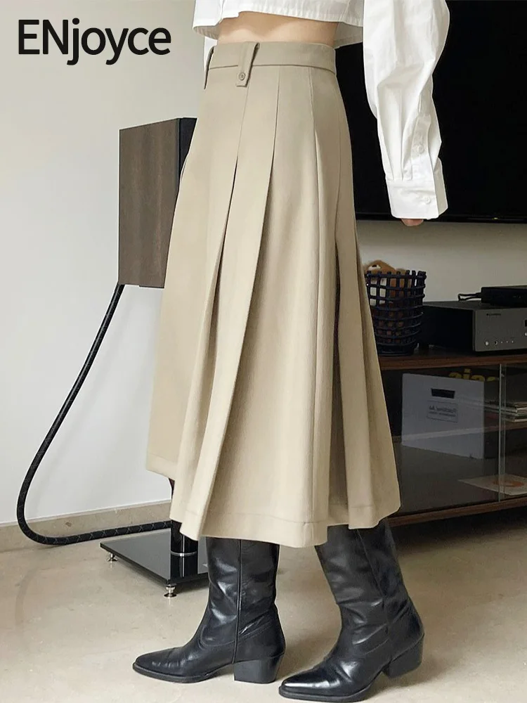 

ENjoyce 2024 Spring Women Vintage High Waist Pleated Maxi Skirts Female Korean Fashion Workwear A-Line Umbrella Mid-length Skirt