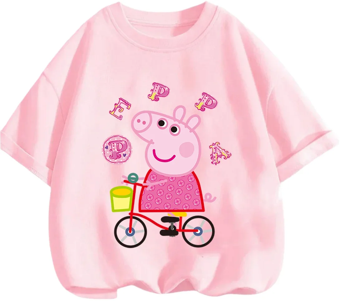 Summer Street Fashion Tee Cute Cartoon Print Casual Crew Neck Kids Short Sleeve Peppa Pig Boys Girls 3 14