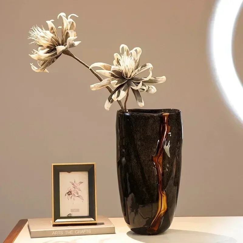 D19 Black Glass Vase Crack Water Ripple Flower Pot Floral Arrangement Accessories Flowerpot Terrarium Room Decoration Accesso