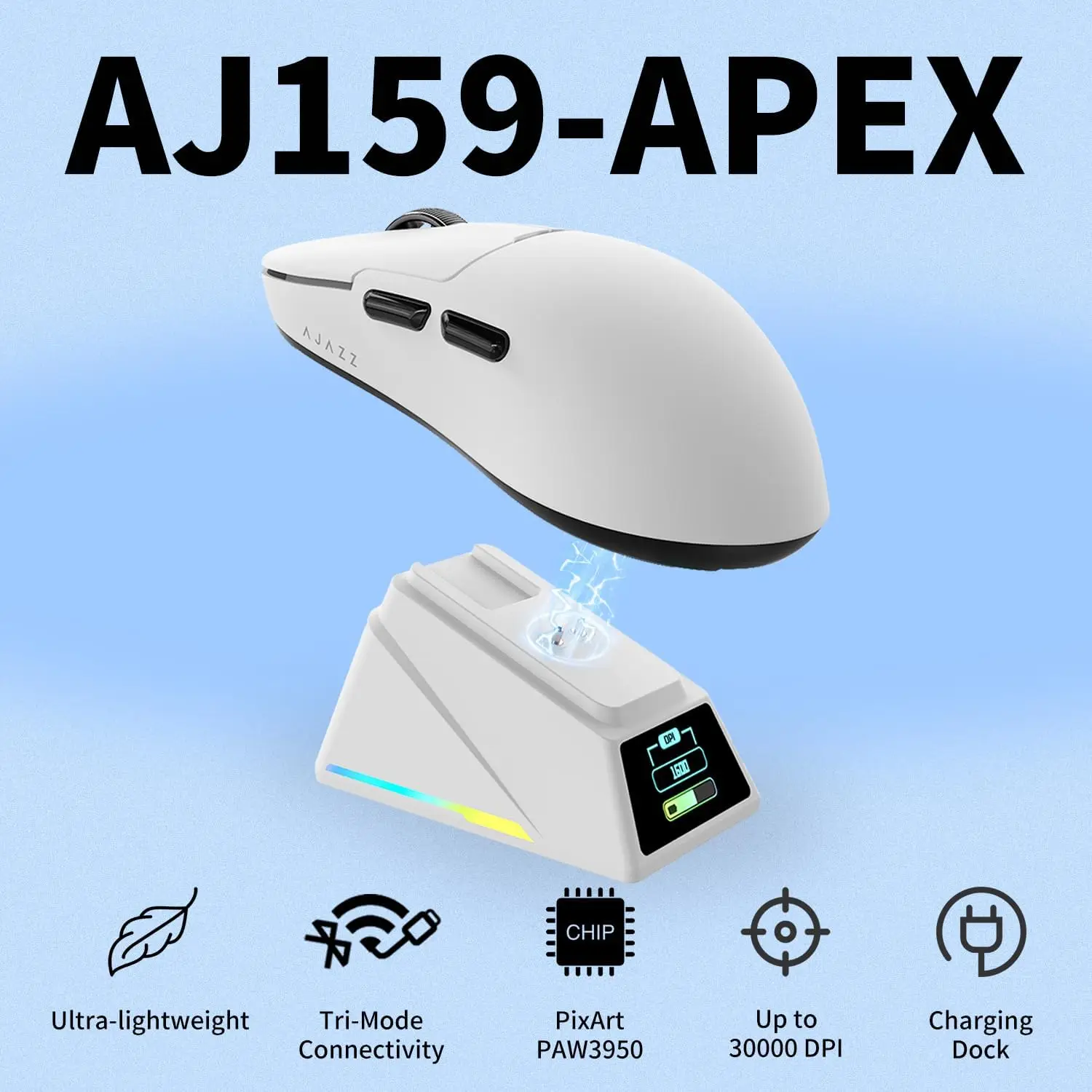 AJAZZ AJ159 Apex/Pro Kabellose Gaming-Maus, Ausgestattet mit PAW3395/PAW3950 Sensor und Magnetfuß, 26K DPI, 2,4G/USB-C/BT Unterstützung