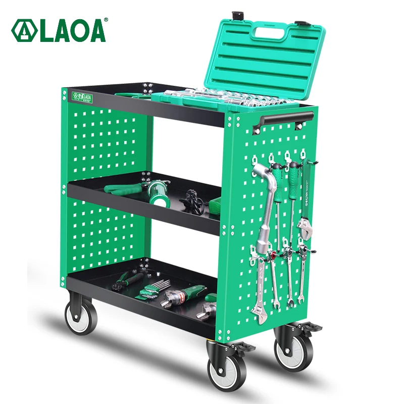 LAOA Hanging board tool cart Three layer trolley Tool storage cart Metal Tool Cart on Wheels With side hanging plate