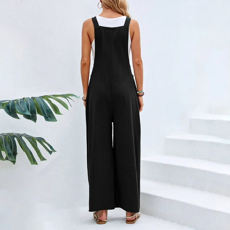 Vintage Katoenen Linnen Jumpsuit Vrouwen 2023 Casual Wijde Pijpen Met Stevige Knoop Bretels En Zakken Zomer Losse Overalls Rompertjes