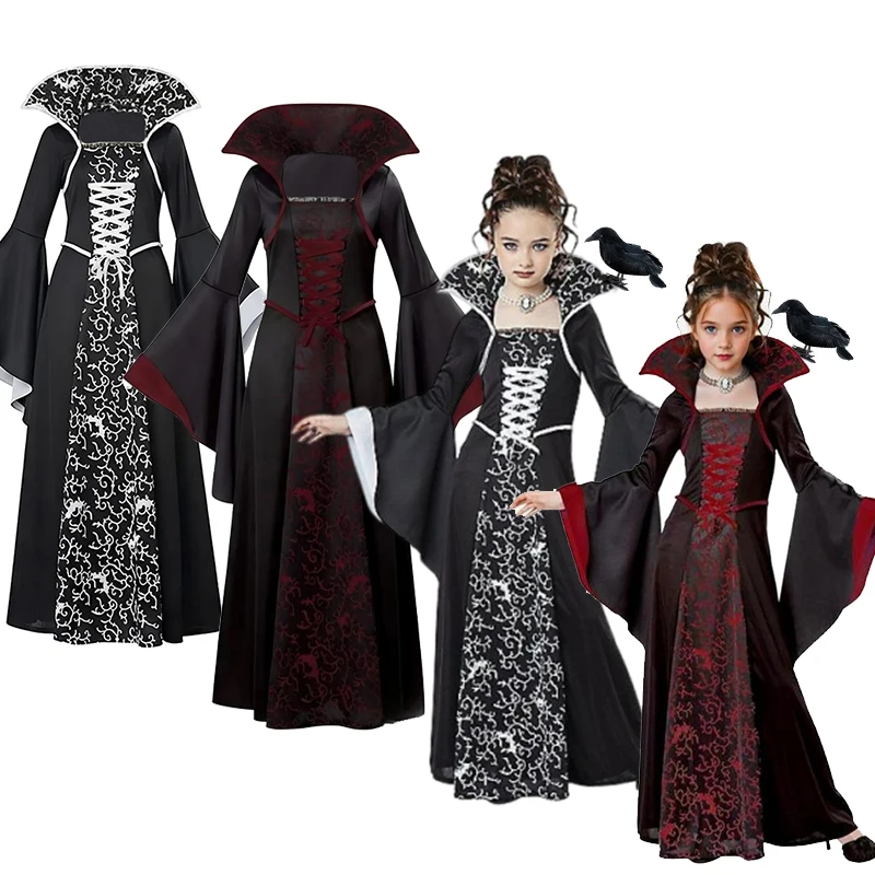 2026 Kids Halloween Gothic Vampire Costume Girls Flare Sleeves Printed Long Dress Carnival Party Performance Clothes