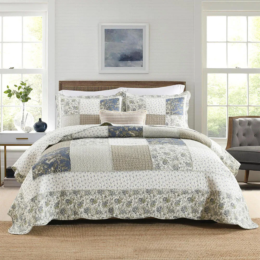 Vintage Patchwork Quilt Set 3PCS King Queen Size Summer Lightweight Breathable Bedspread Quilted Coverlet Comforter Home Decor