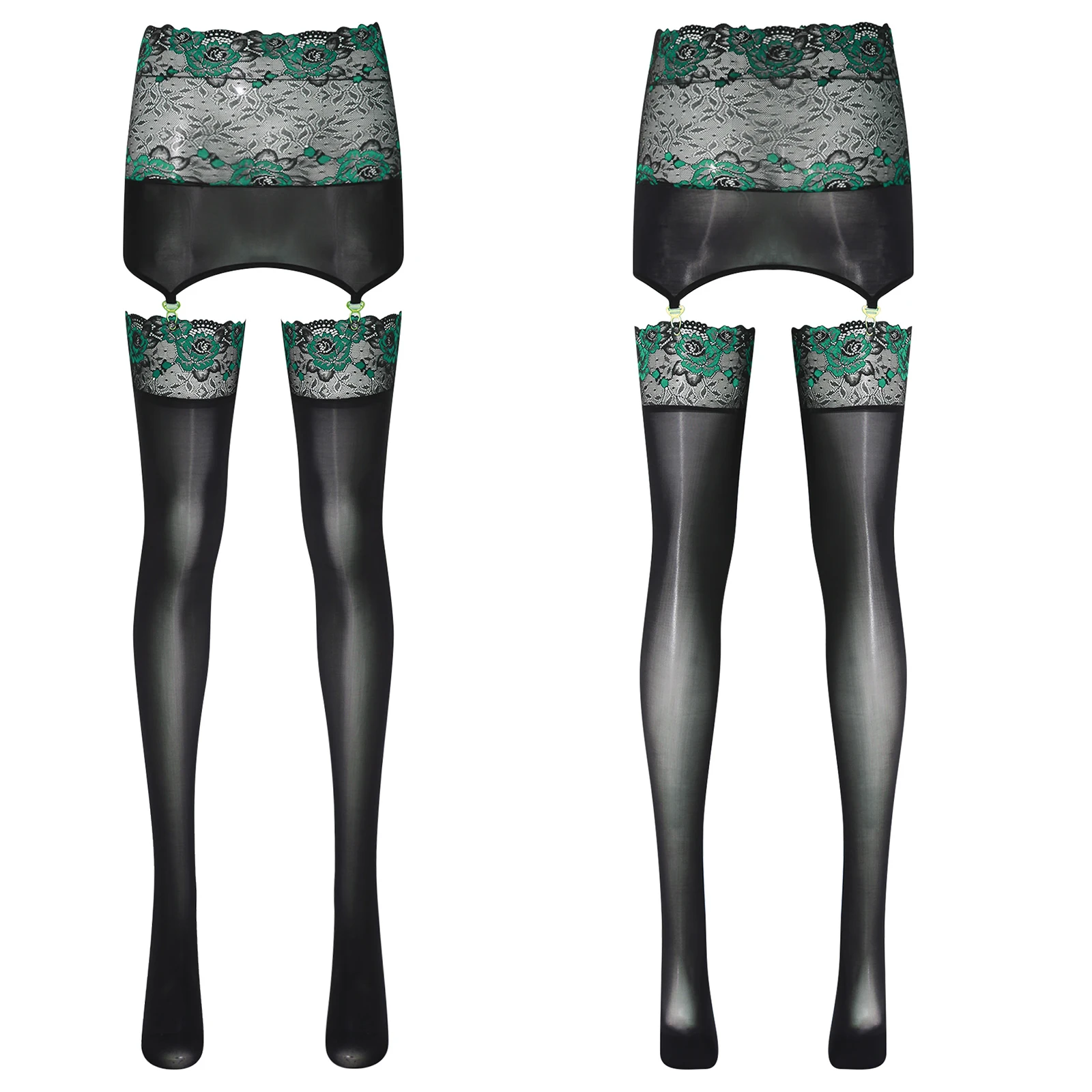 Sexy Womens Glossy Bodycon Leggings Garters Suspender Stockings Floral Lace Trim High Waist Skirt Hollow Out Tights Pantyhose