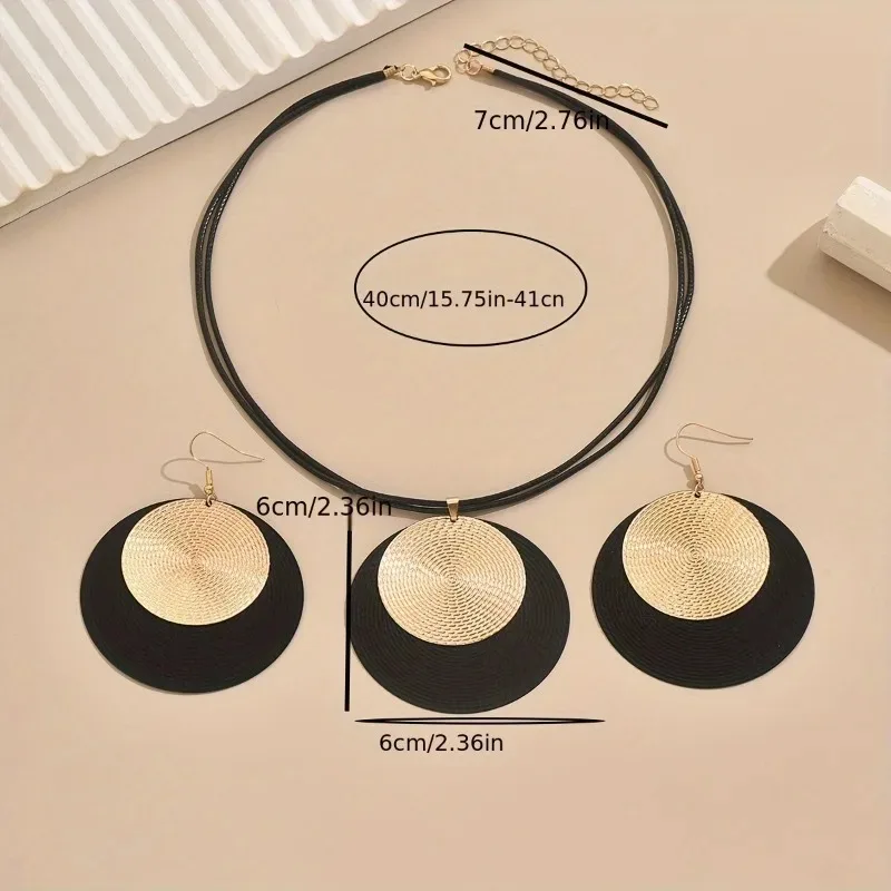 3PC/Set Women's Large round Earrings And Collar Necklace Set Exaggerated PU Rope Chain Metal Geometric Pendant Jewelry image 4