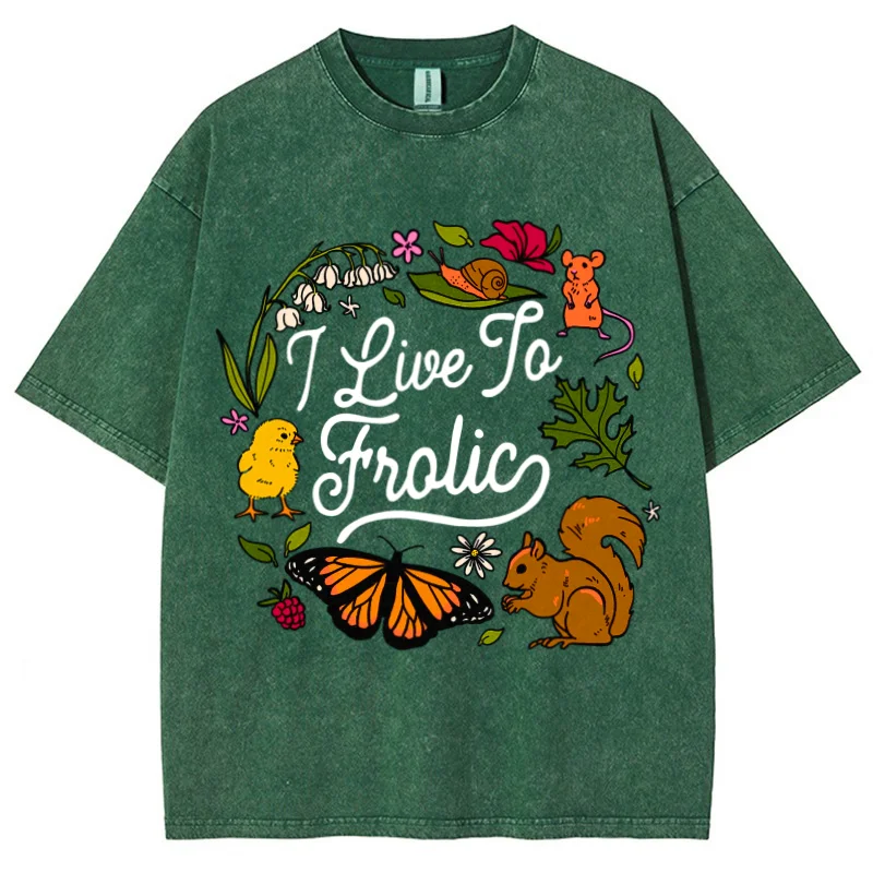 Hamster Butterfly Squirrel Flower Wreath Print T-Shirt Old Trend Oversize Neutral Style Round Neck Sleeve Short Sleeve