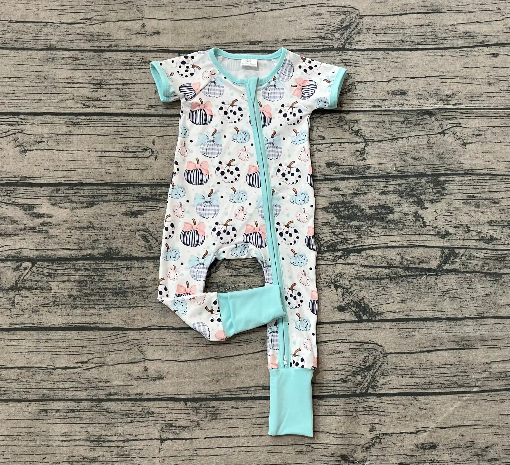 Wholesale Newborn Coverall Kid Blue Zipper Bodysuit Baby Toddler Thanksgiving Fall Jumpsuit Girl Children Bows Pumpkins Romper