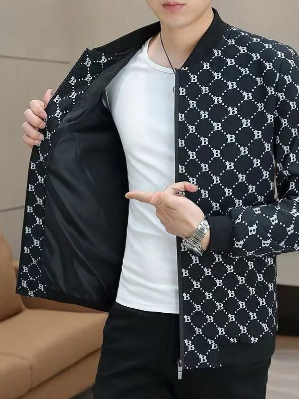 

Casual Slim Fit Stand Collar Jaet for Men Trendy Korean Sle Versatile Outerwear Youth Faionable Printed Polyester Jaet