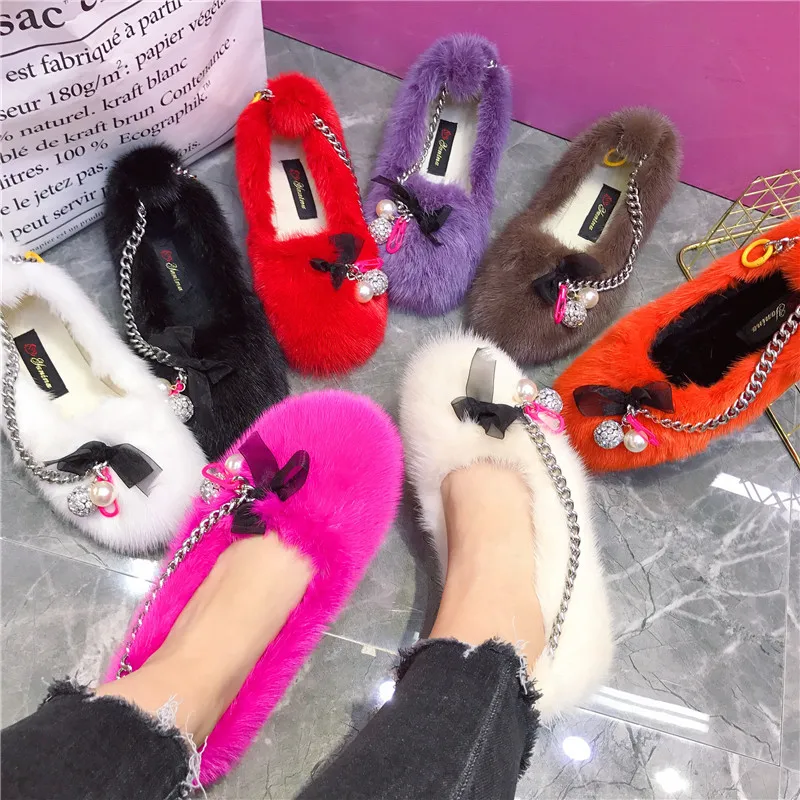 Chain Decor Women Flats Winter Warm Mink Fur Flat Shoes Ladies Outside Casual Loafers Slip-on Driving Footwear Zapatos Mujer