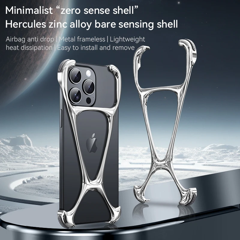

Zinc Metal Minimalist Powerful Rimless Case For iPhone 15 Pro Max 14 13 Geometric Hercules Cooling Hollow Heat Dissipation Cover