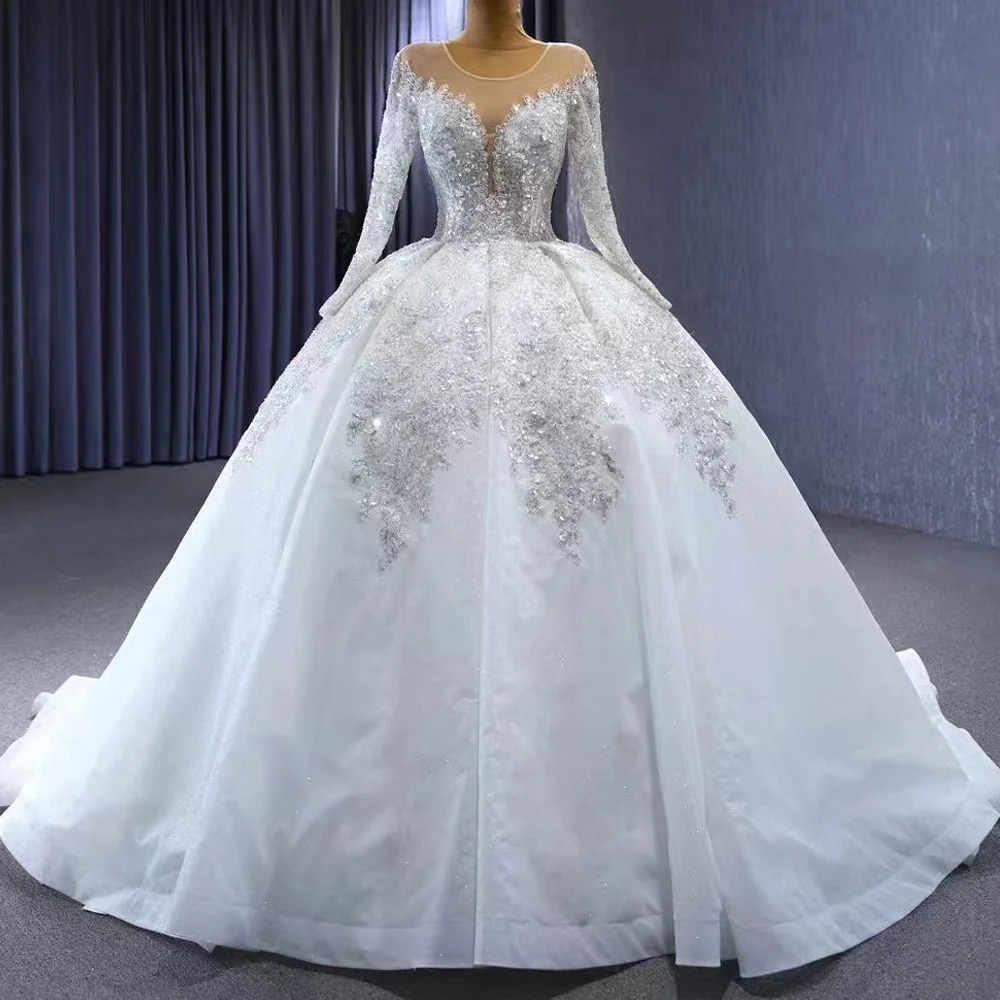 Vestidos Noivas Wedding Dresses O Neck Long Sleeves Lace Up Back Sequined Ball Gown Gorgeous Bridal Dress