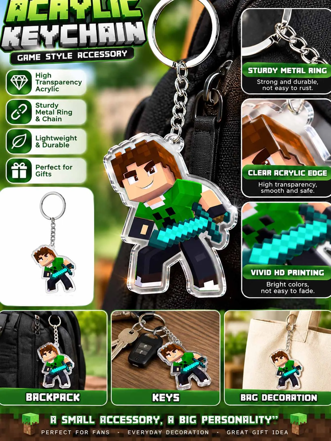 Pixel Game Character Keychains Birthday Party Decor Set, Themed Ornament Pack for Boys Party Supplies