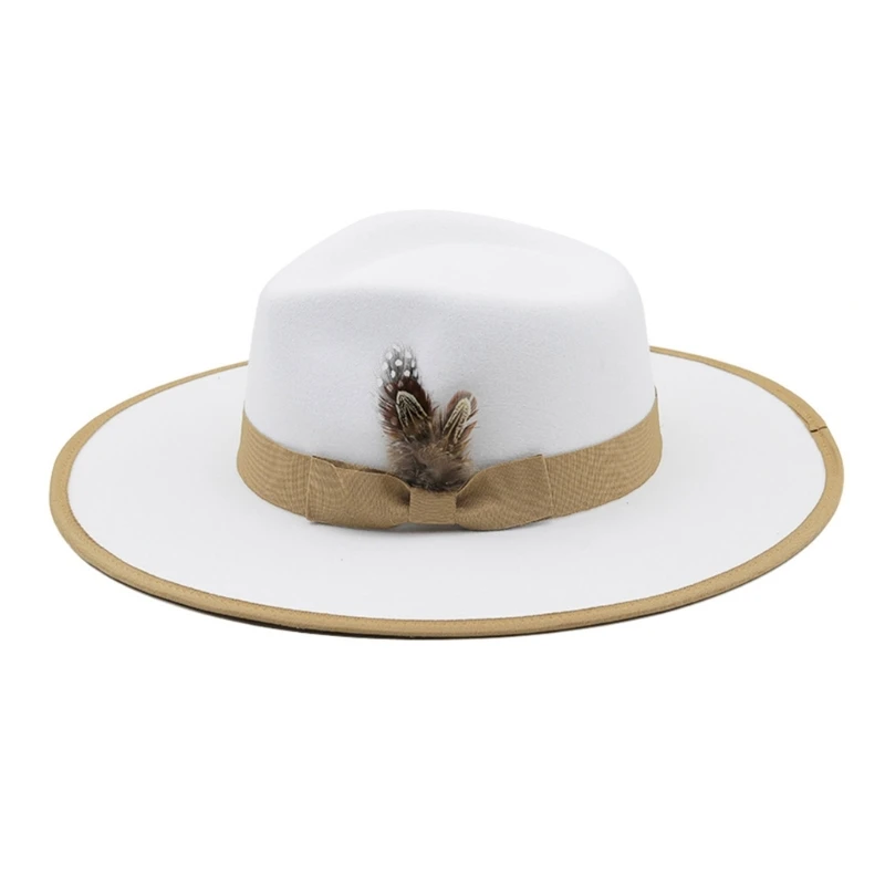 

White Fedora Hats with Band Woolen Top Hat Men Flat Brim Panama Dropship