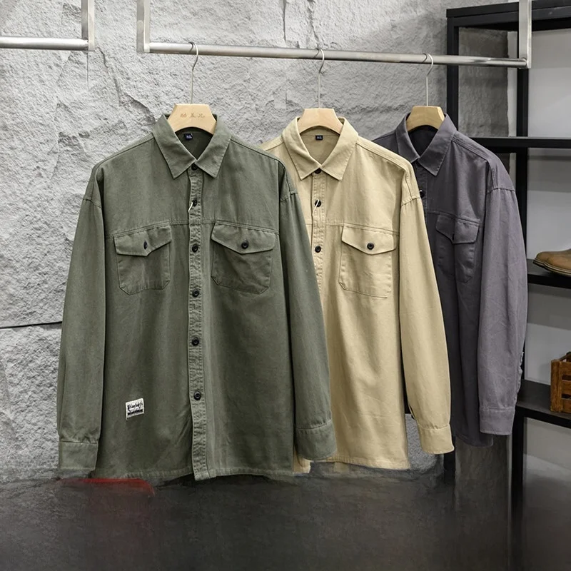 

Vintage American Workwear Long Sve Casual irt Men's Versatile Autumn Faion Outerwear Classic Stand Fit Garage Man