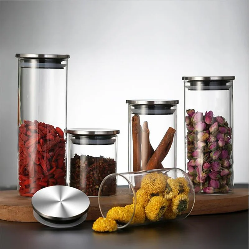 250-650ML Glass Canister Stainless Steel Cover Glass Spice Jars Storage Tank Coffee Bean Food Containers Kitchen Accessories