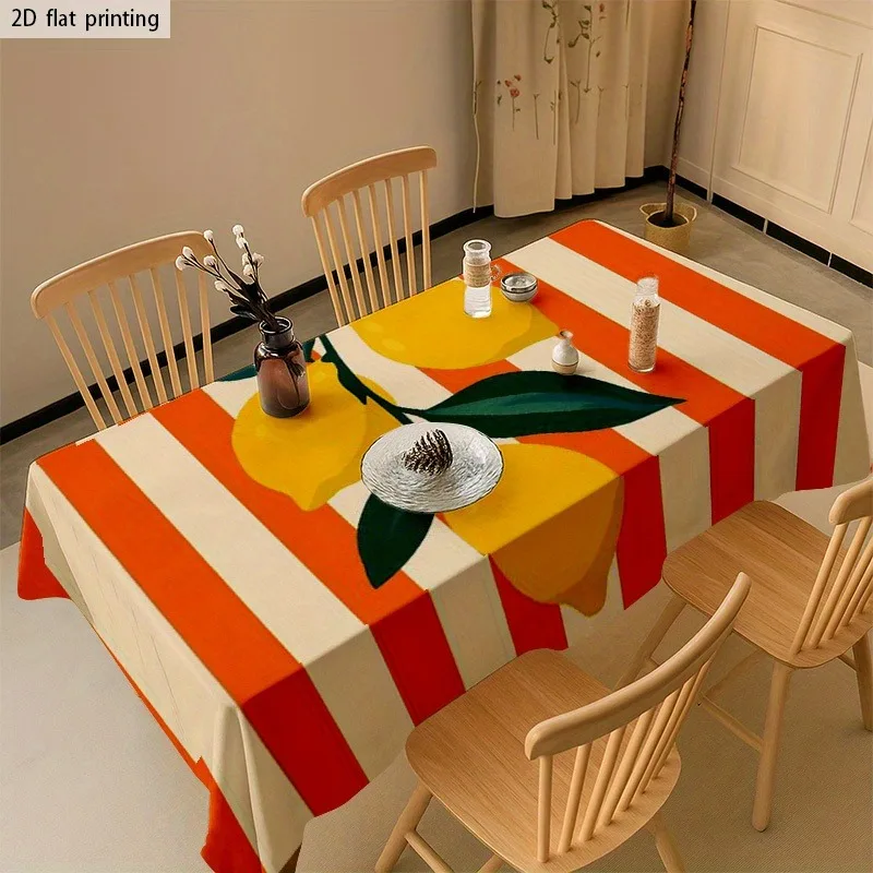 1pc Orange Striped Base with Lemon Branch Pattern, Fresh Vintage Style Farmhouse Decorative Tablecloth, Suitable for Indoor and