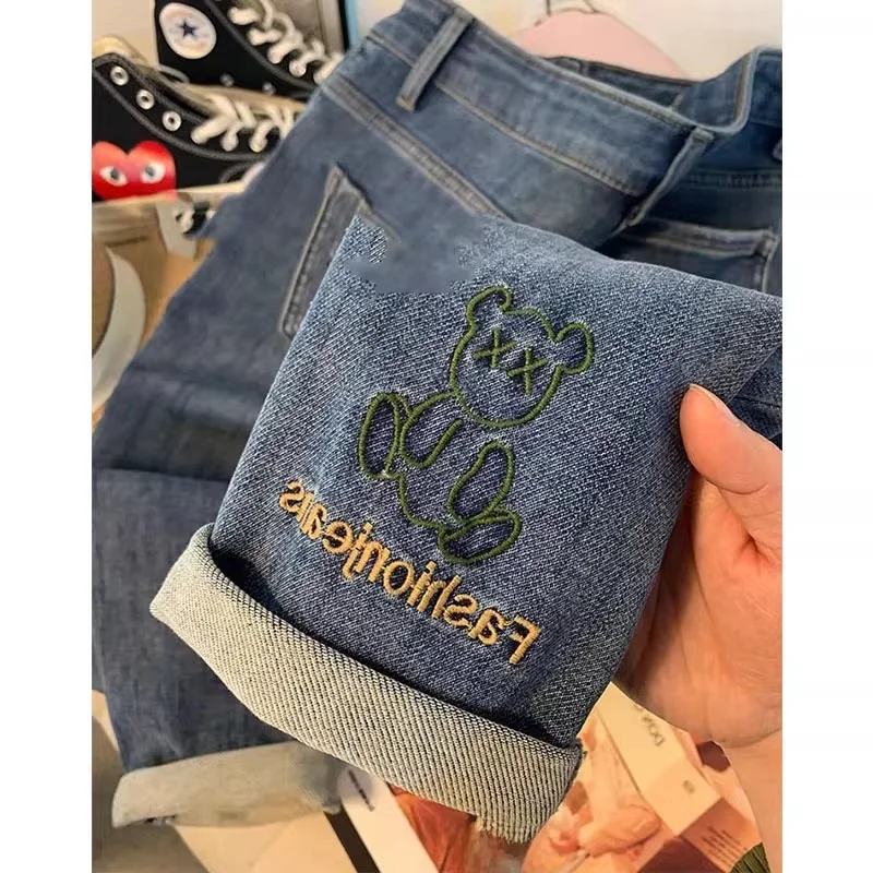 

Autumn Winter Large Size 300 Pou Cartoon Bear Embroidered Jeans Men's Casual Wide Leg Pants Couples Match Loose Dad Jeans