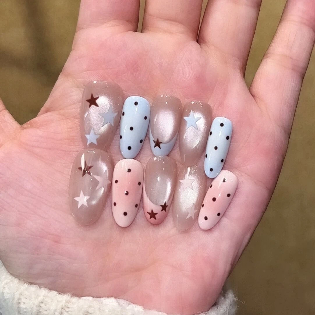Press On Nails Cute Pink Blue Color Block Polka Dot Star Resin Tips for Women Daily Wear Party Photo Styling Durable