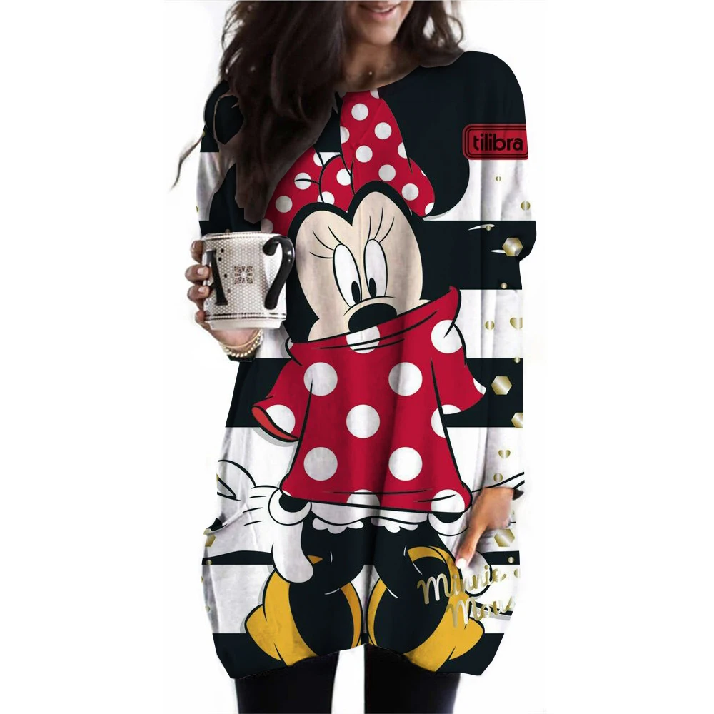 Disney Mickey Mouse Print T Shirt Women Graphic Shirts Casual Long Sleeved Minnie Mouse Pink Female Tee O-neck Harajuku T-shirts