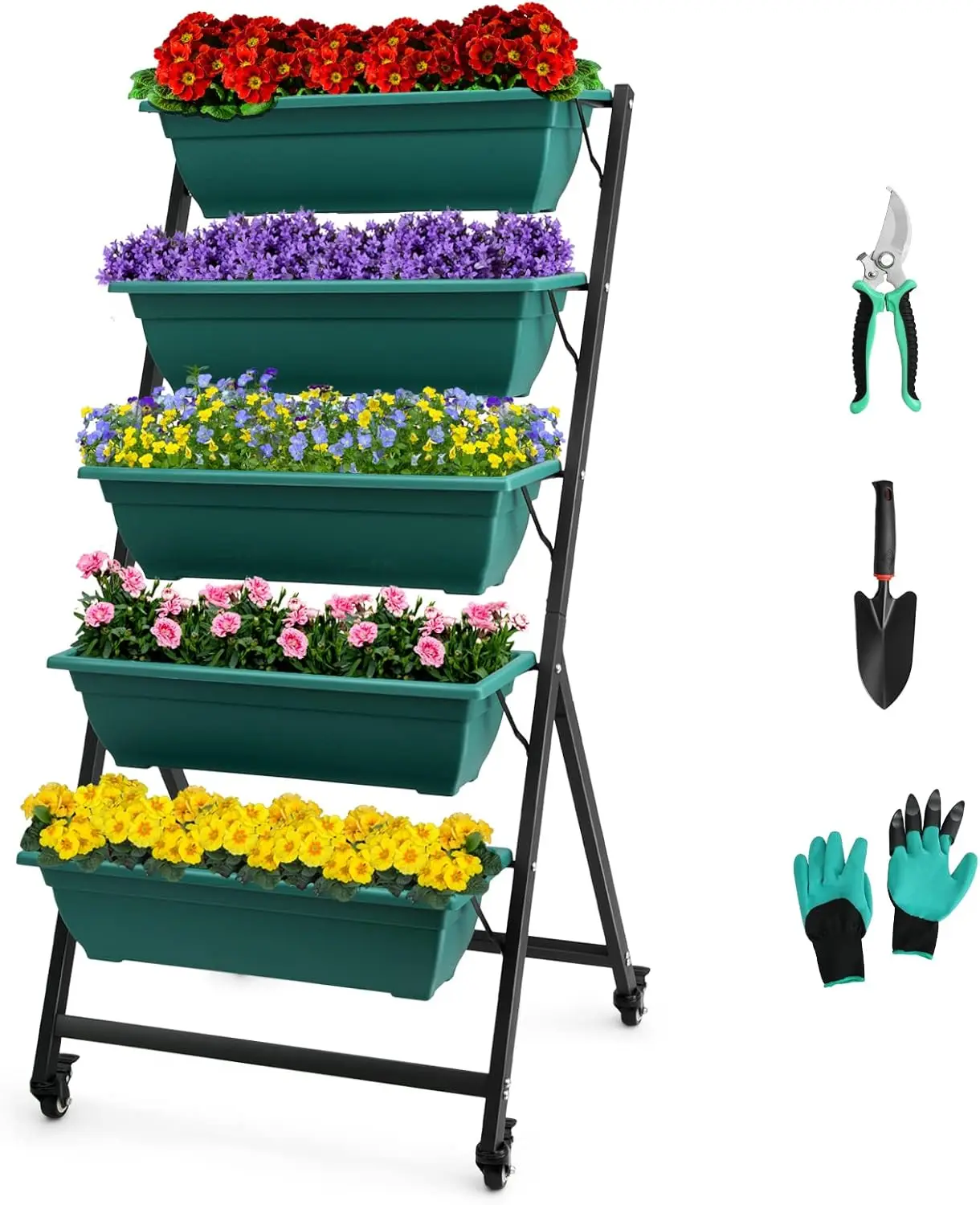 4.5 FT Vertical Garden Planter with 5 Containers, Wheels, and Tools for Outdoor Planting