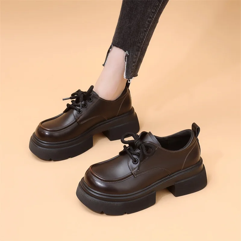 Leather shoes women's British style 2026 spring new item soft sole black single shoe lace up loafers