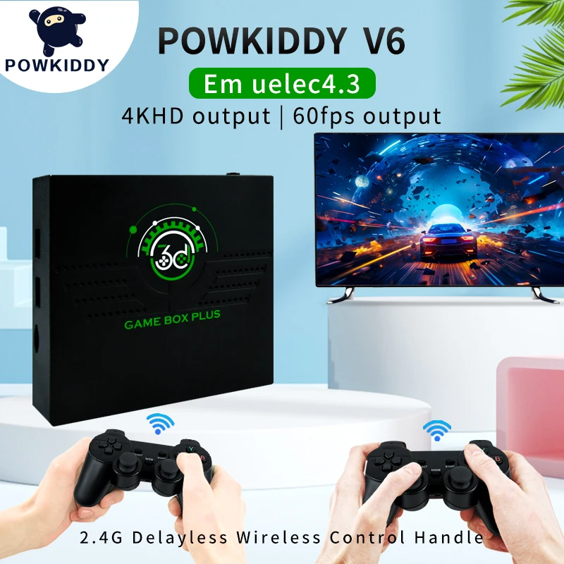 Powkiddy Q6 Retro Game Box 2.4G Wireless Game Tv Box PS1 Family 4K HD Portable Video Game Console Support Multiplayer 10000 Game