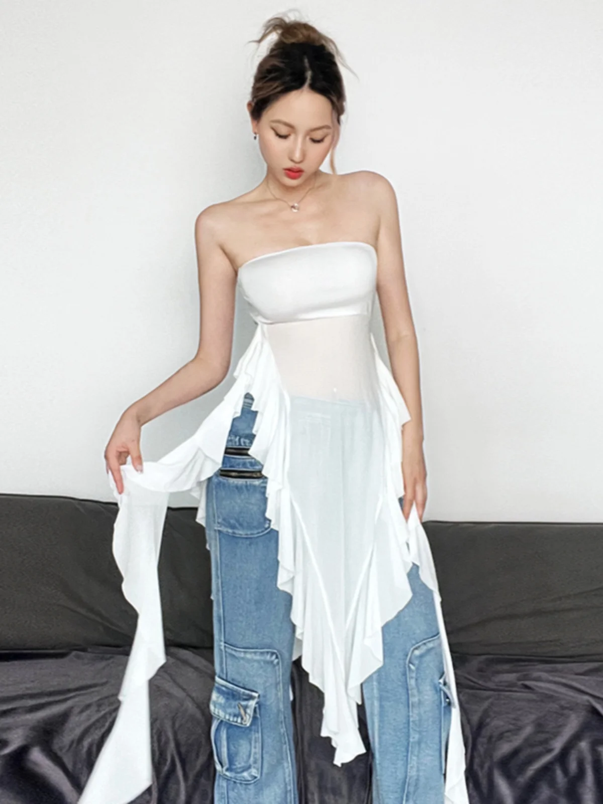 이상한 스타일의 롱 슬리밍 오프숄더 베스트 여성 스트리트 스타일 디자인 비대칭 우드 프린트 폴리에스터 혼방 탑