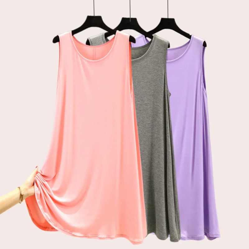 Loose round Neck Midi Modal Vest Dress Women's All-Match Casual Home A-Line Skirt Pure Color Overhead Sleep Dress Summer