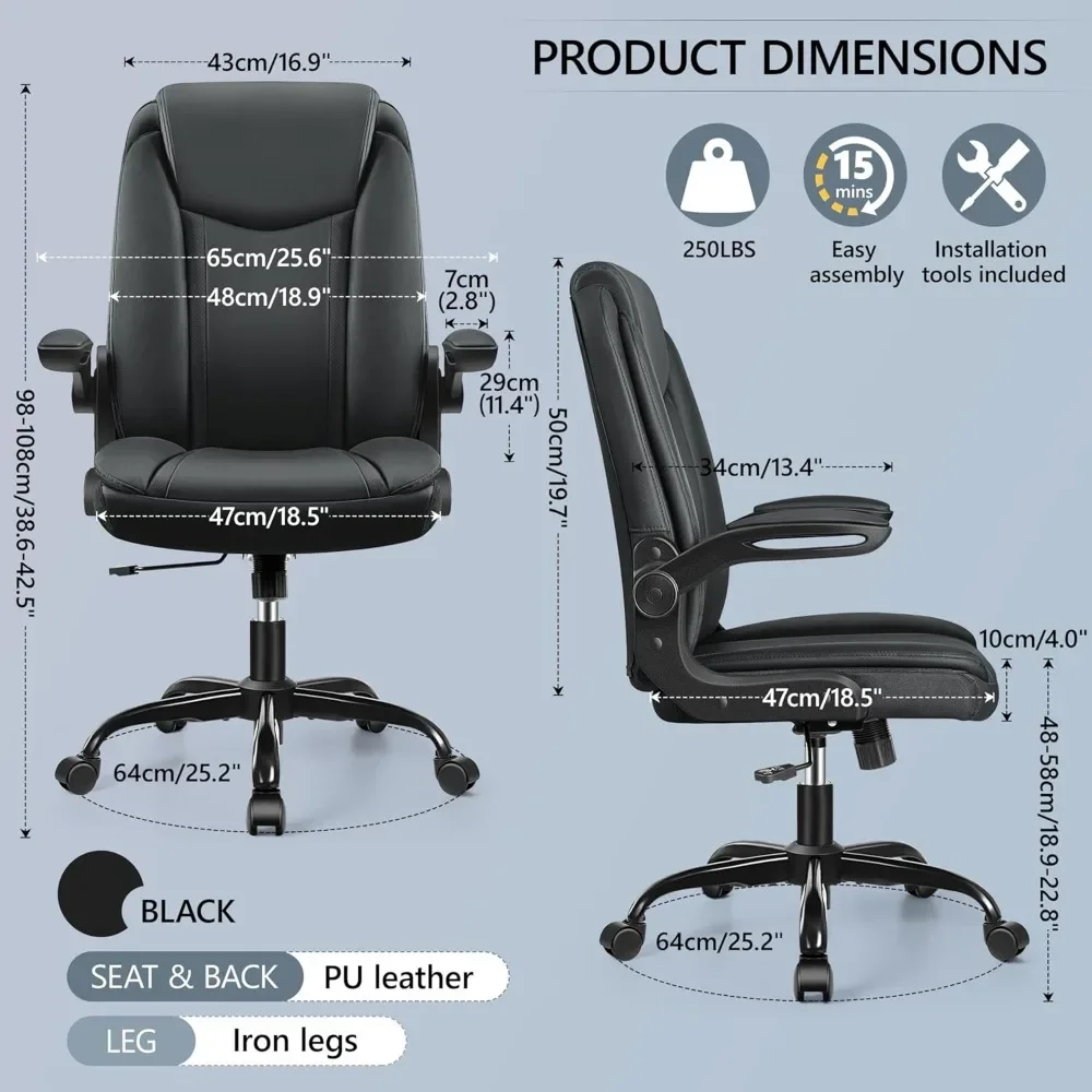 Office Chair Ergonomic Computer Desk Chair, Executive Leather Office Chair with Adjustable Flip-up Armrests Height